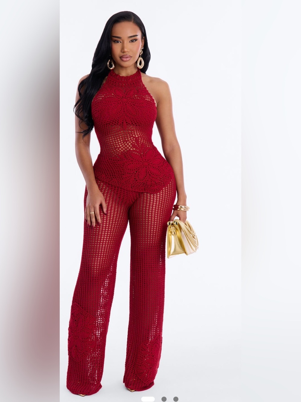 Fashion Nova Red Crochet Wide Leg pants and top